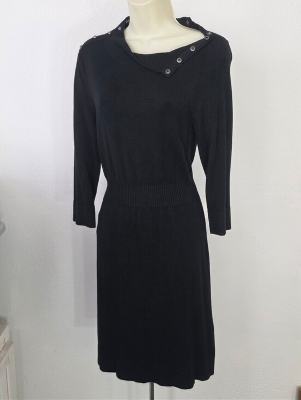White House Black Market Dress Knit Assymetrical Neckline Black Size M - Picture 4 of 12